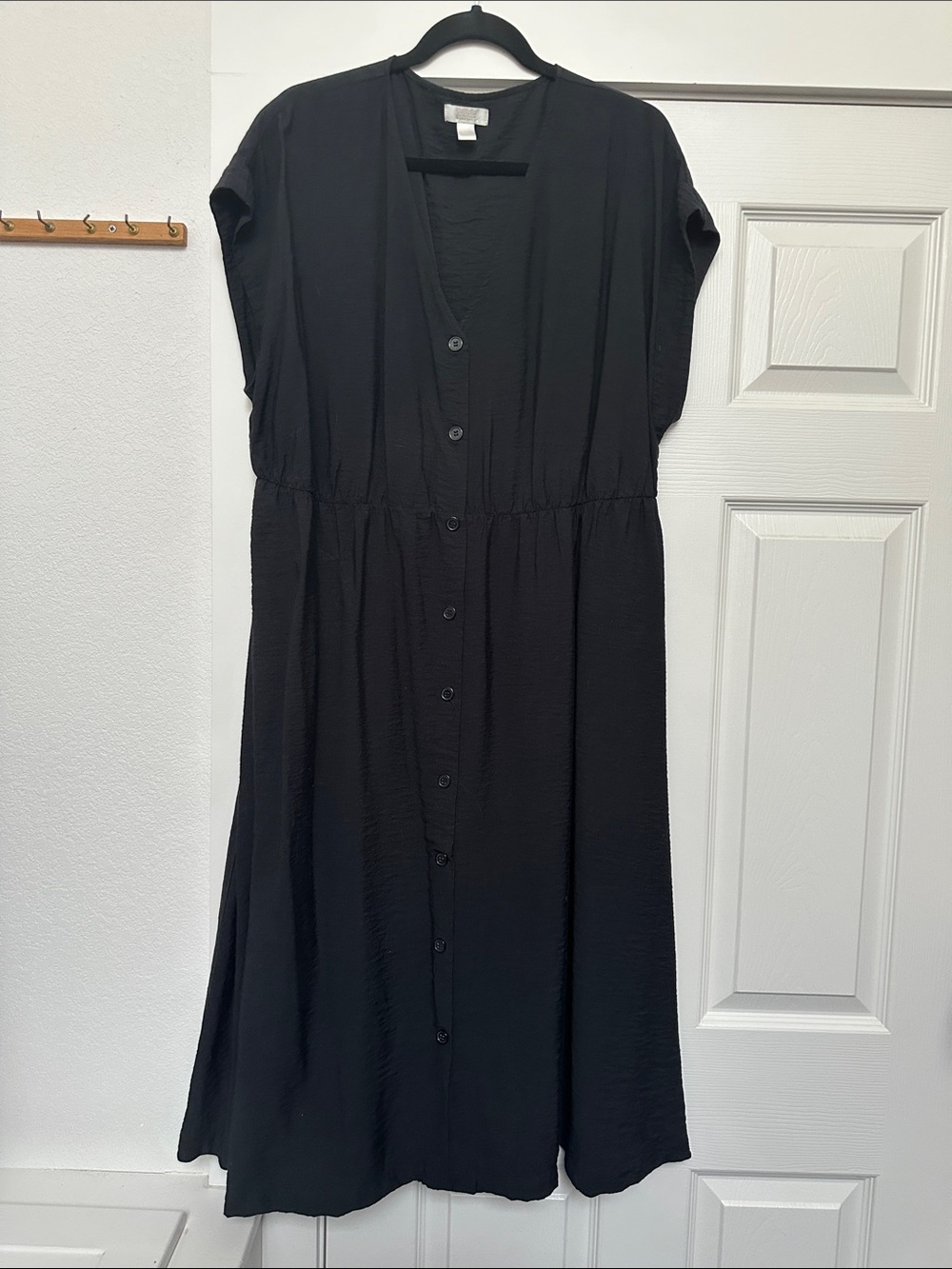 Black Button-Front Midi Dress with Gathered Waist